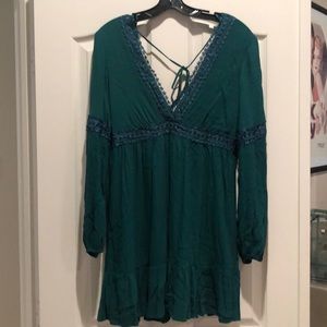 Bohemian, forest green deep v neck dress